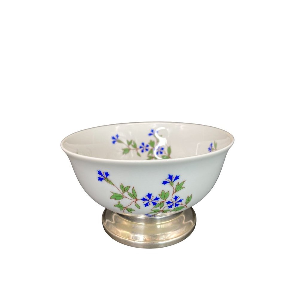 VTG B&C Bernardaud Limoges France Nicole China & Silver Plate Footed Sauce Bowl